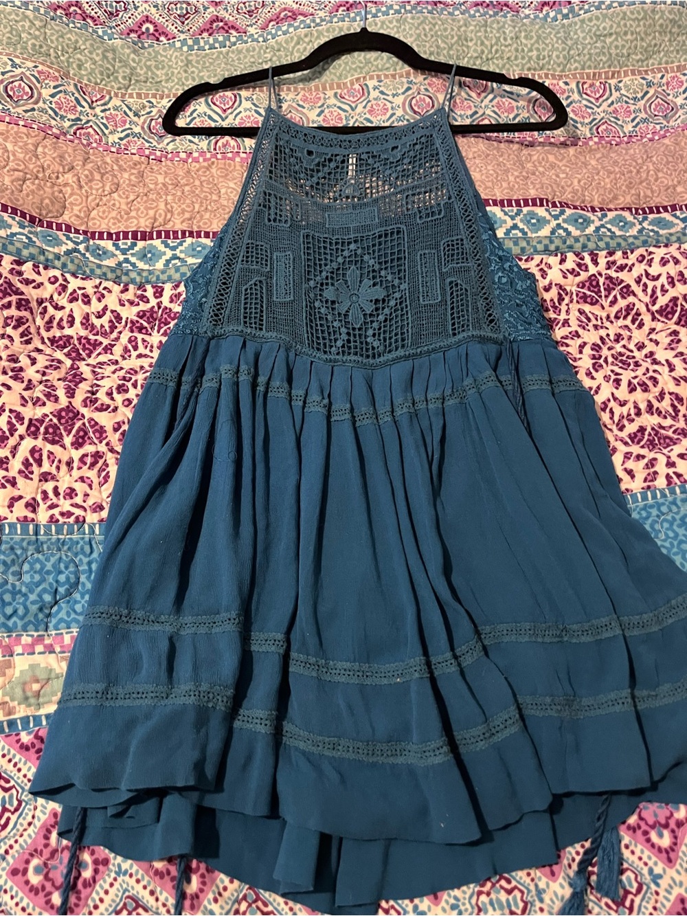 Free People Teal Crochet Yoke Circle Skirt